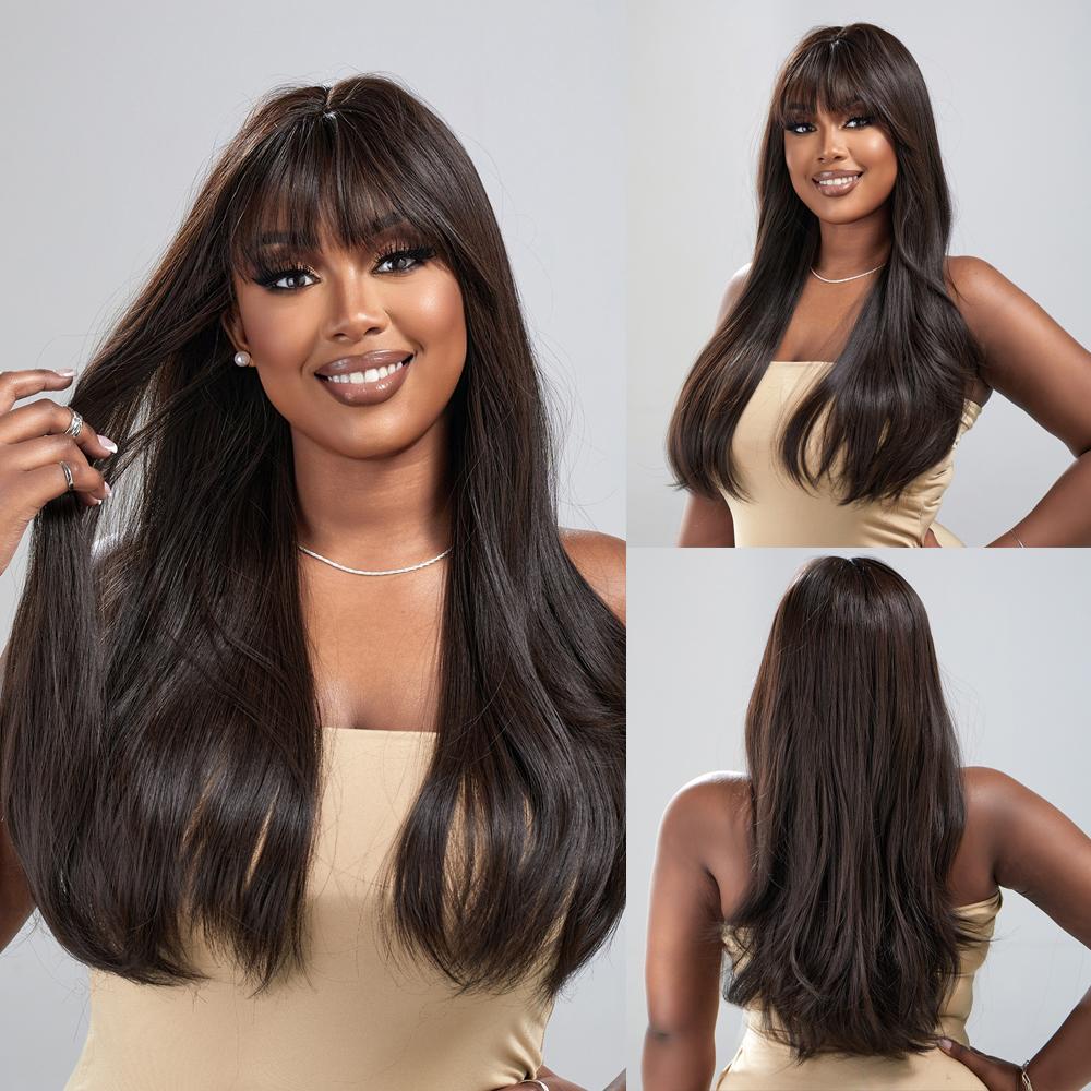 Synthetic Long Curly Highlight Wigs With Bangs Mixed Chocolate Brown Golden Blonde Hair Wigs for Black Women Afro Heat Resistant