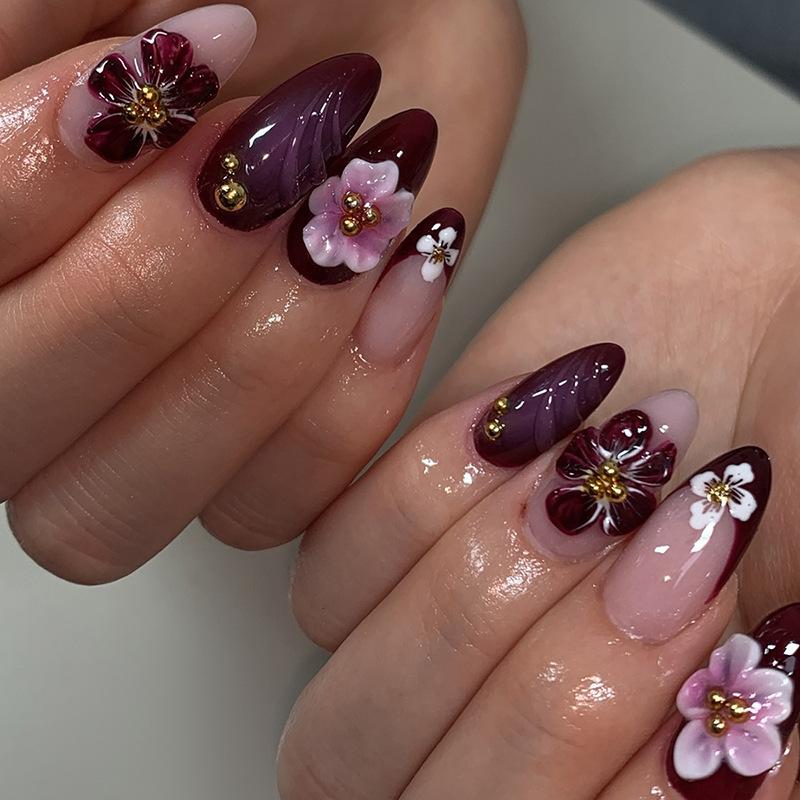 Press On Nails Medium Almond Fake Nails with Designs Reusable False Nails Press Ons Glossy Full Cover Acrylic Glue On Nails Stick On Nail for Women