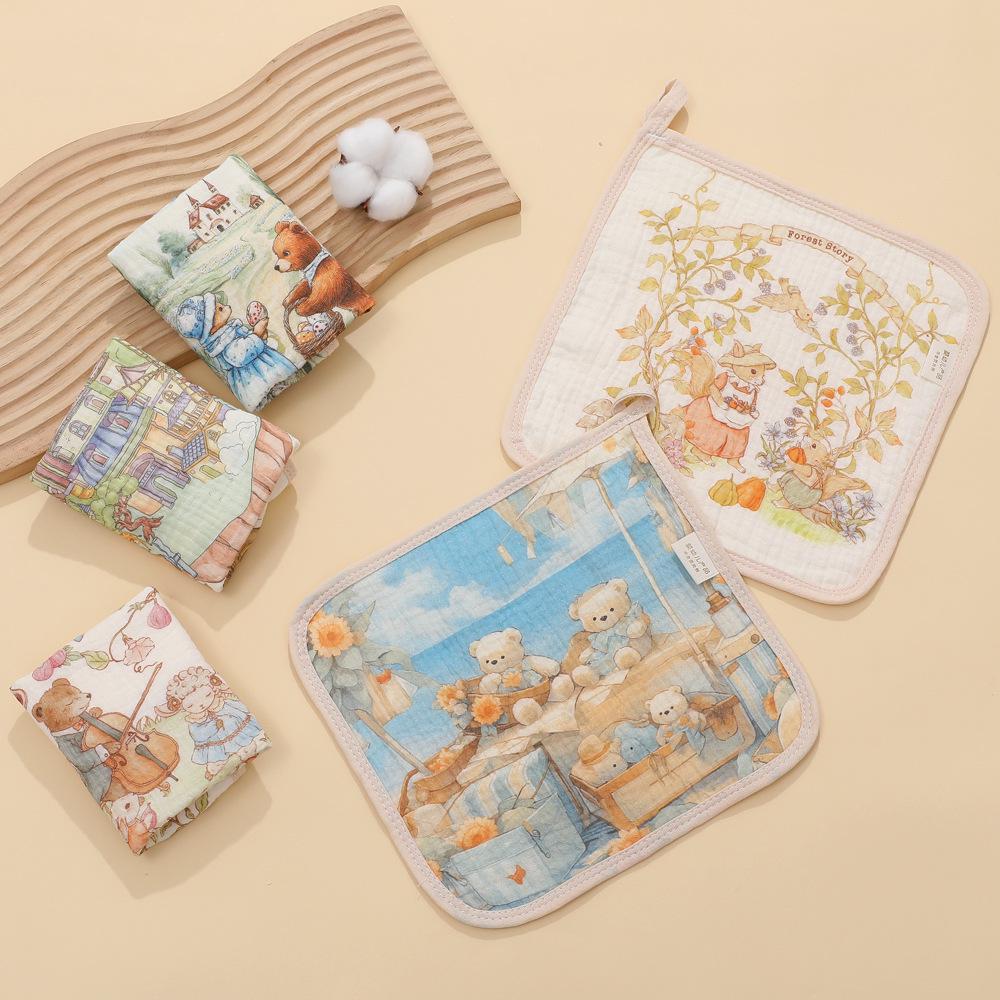 Four-Layer Gauze Cartoon Baby Towel: Absorbent Kindergarten Bib and Handkerchief.