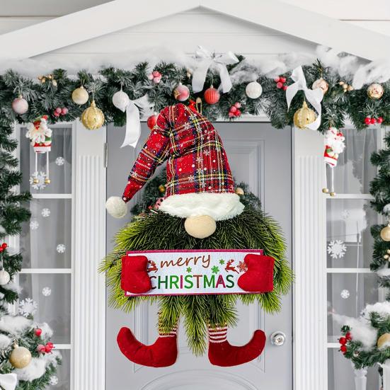 Yousheng Lighted Christmas Gnome Wreath Artificial Pine Spruce Wreath for Front Door Swedish Tomte Hanging Sign for Xmas Porch Indoor Outdoor Home