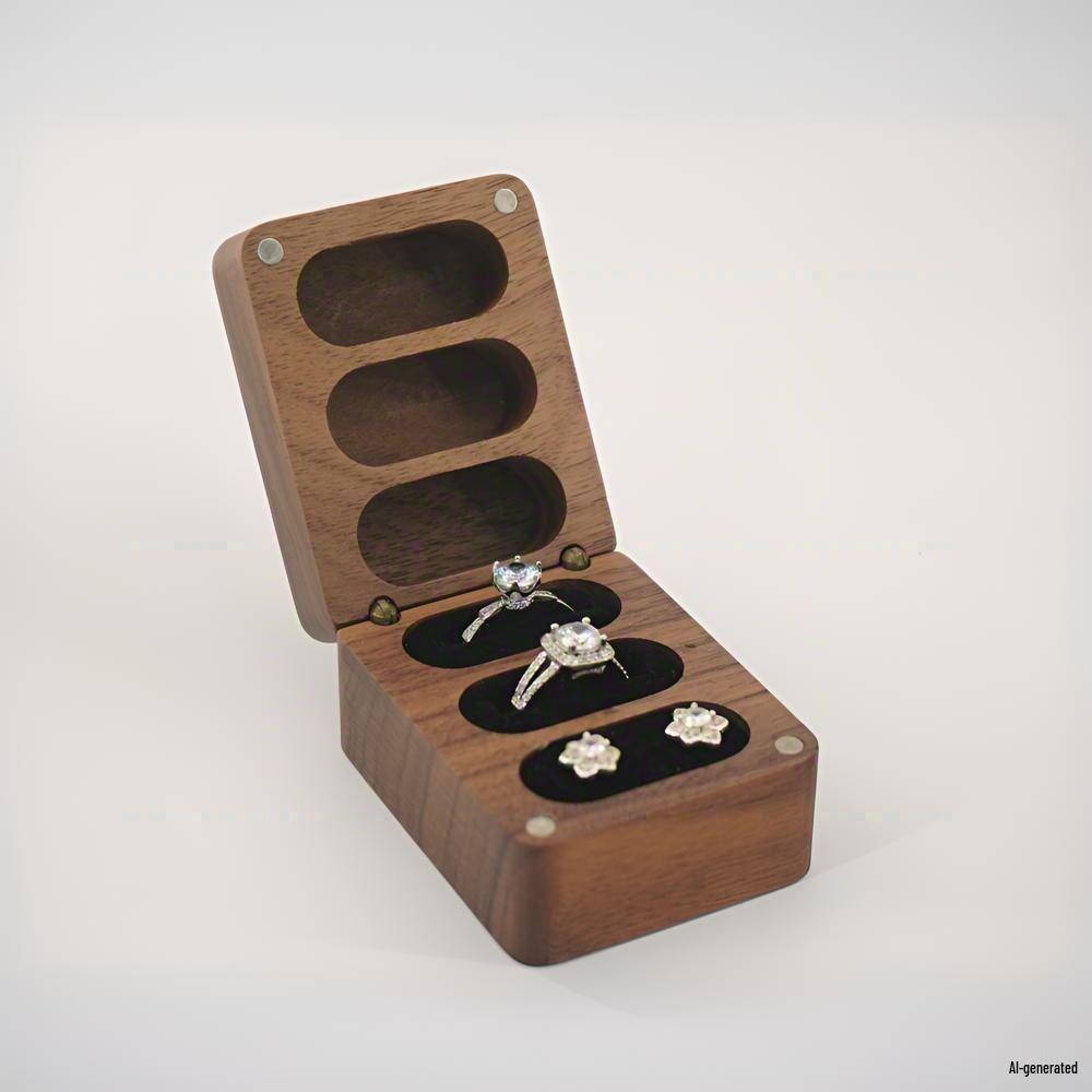Black Walnut Wood Ring/Earring Storage Box, Three Anti-Oxidation Slots