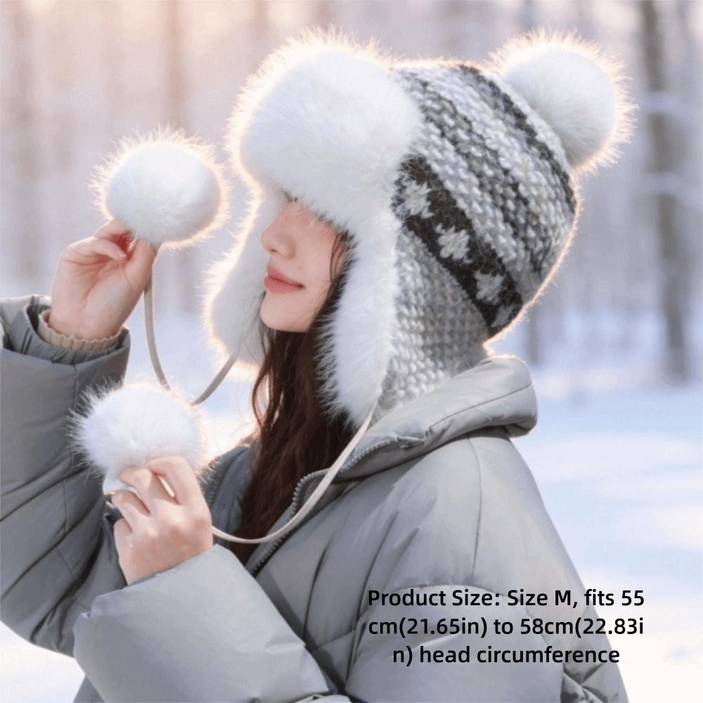 Pom Poms Knitted Trapper Hat 55-58cm Head Circumference Winter Hat Ushanka Hat Outdoor Activities
