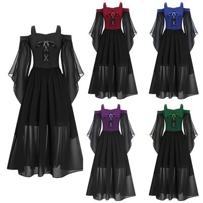 Dívky Halloween Středověké renesanční gotické šaty Studené rameno Motýlí rukáv Šněrovací šaty čarodějnice Cosplay šaty