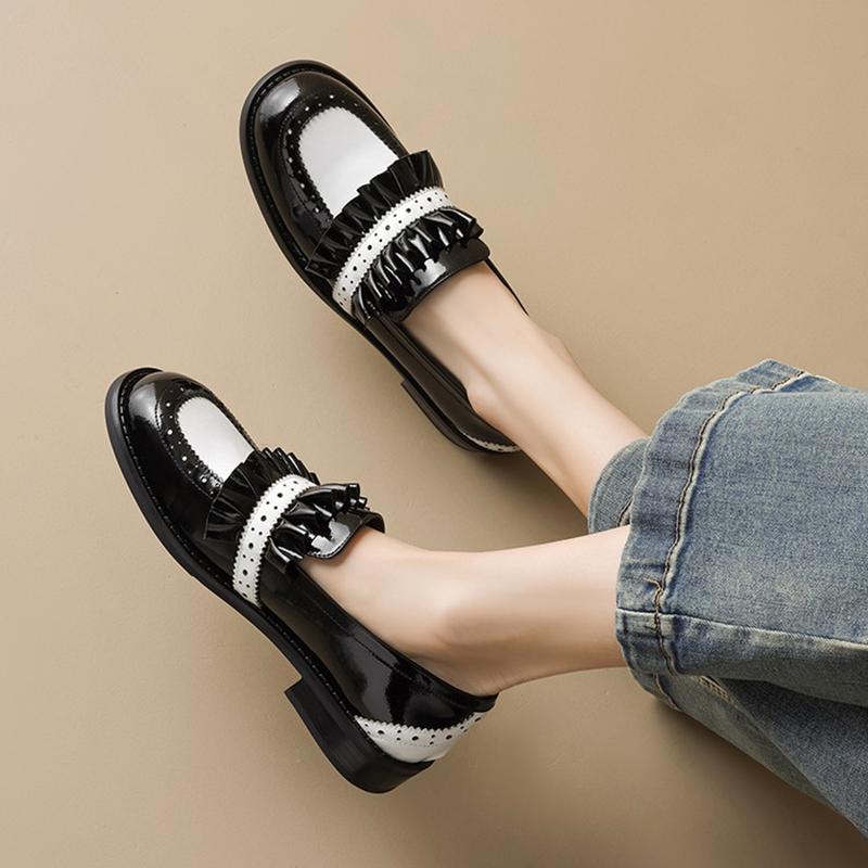 Fashion NEW Spring/Autumn Women Loafers Round Toe Chunky Heel Shoes Split Leather Shoes for Women Slip-on Mixed Colors Sweet Women Pumps