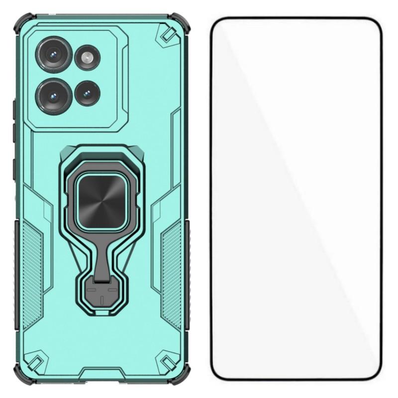 For Motorola Edge 50 5G Phone Case WANLONFENG PC TPU Back Cover Kickstand with Tempered Glass