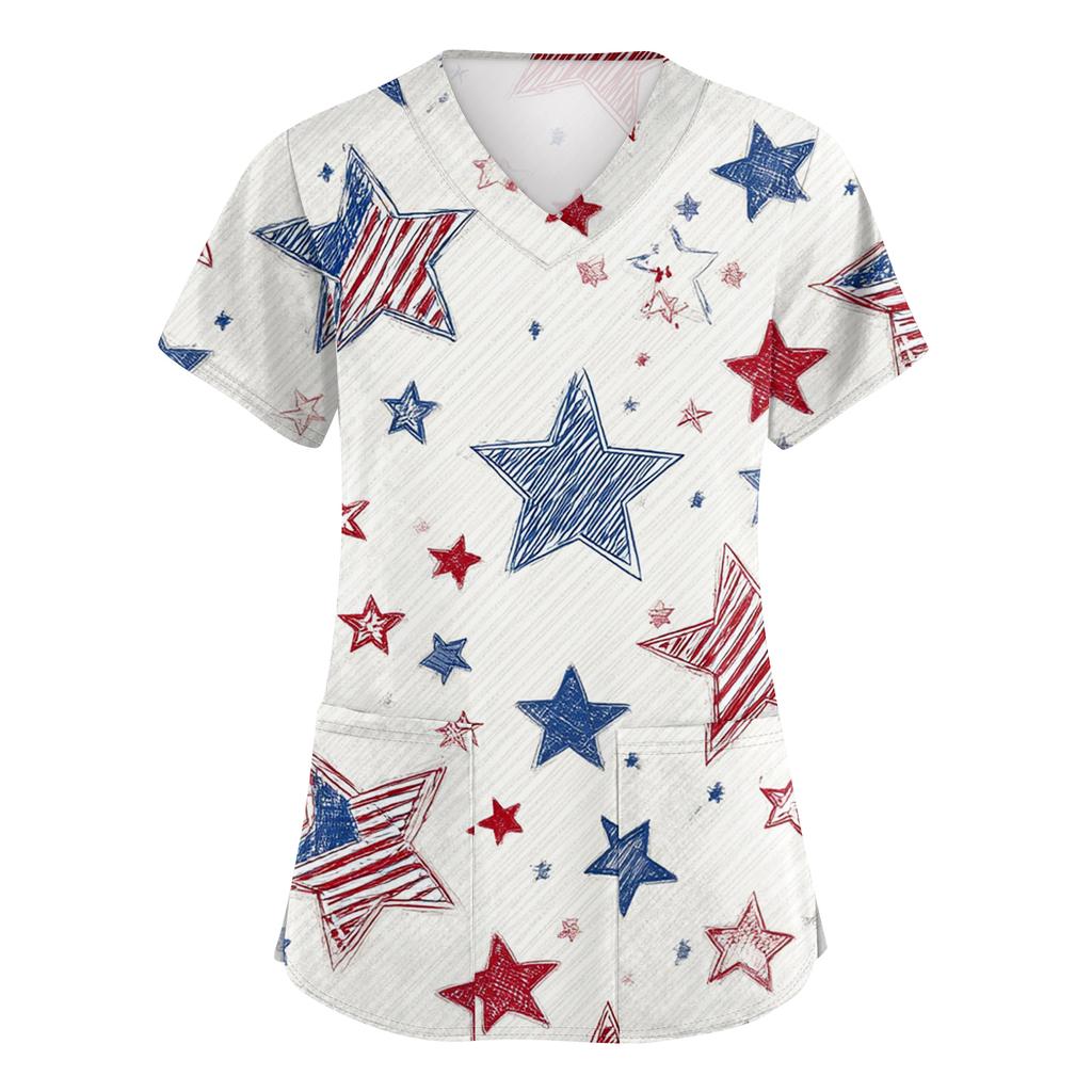 Women's Fashionable V-Neck Short-Sleeved Work Top With Pockets And Independence Day Print  Uniform