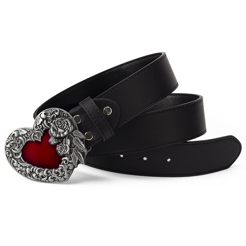 Fashion Belt Love Heart Metal Buckle Red Heart Rose Flower Design Punk Rock Belts Women Decorative Waistband Hip Hop