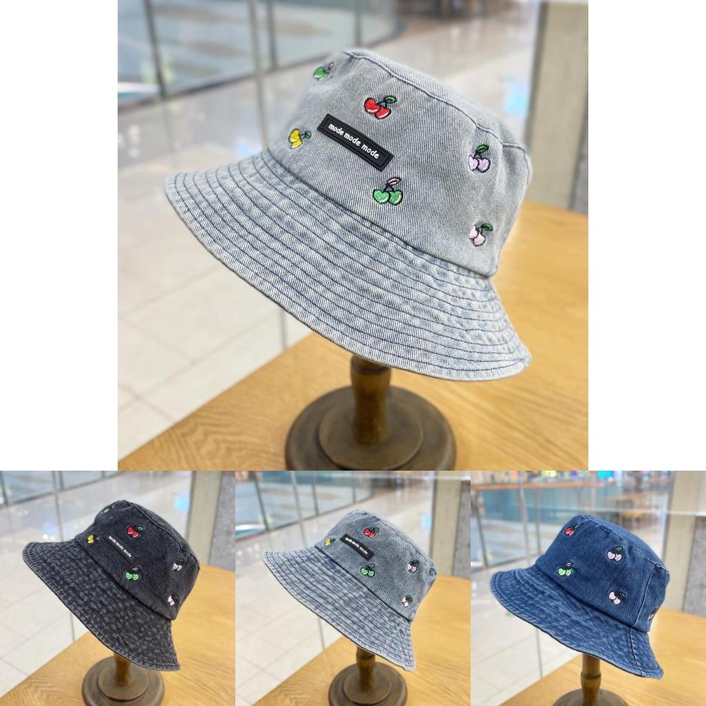 Cute Cherry Embroidery Denim Fisherman Hat Women's Fashion Street Casual Bucket Hat