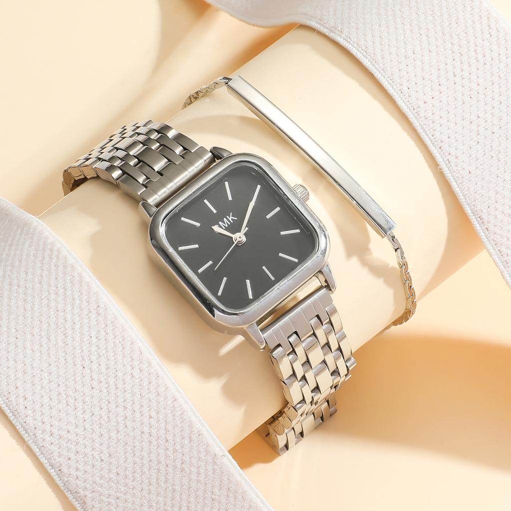 2pcs Fashion Women Watches Casual Square Dial Business Quartz Wristwatches Steel Chain Reloj Mujer Girls Clock Gift Wholesale