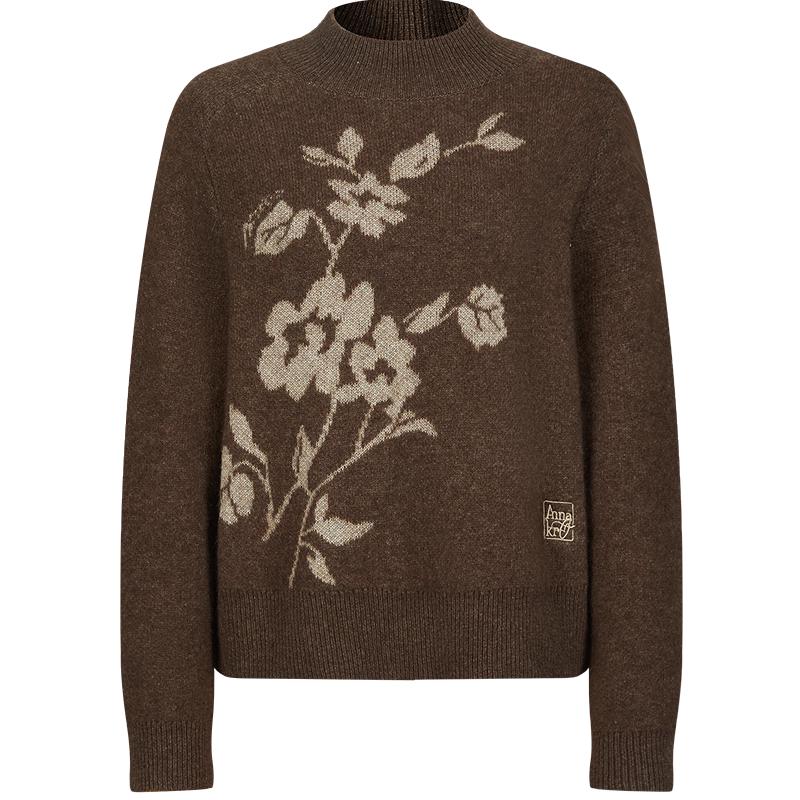 

JIUZI ANNAKOU Cao Mu Women s Elegant Hollyhock Jacquard Mock Neck Wool Knit Sweater M
