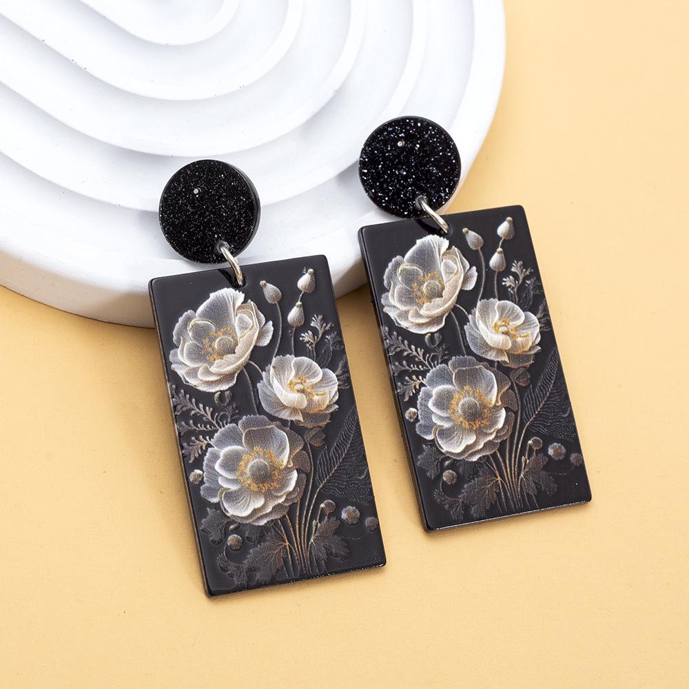 Vintage Geometric Black & White Flower Embossed Acrylic Earrings for Women