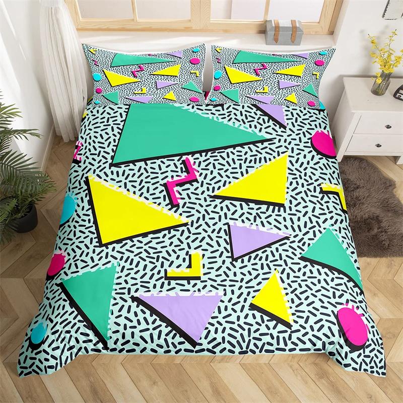 Retro 80s Style Bedding Set Twin King Size Abstract Geometric Pattern Duvet Cover Set Microfiber Circle And Triangle Quilt Cover