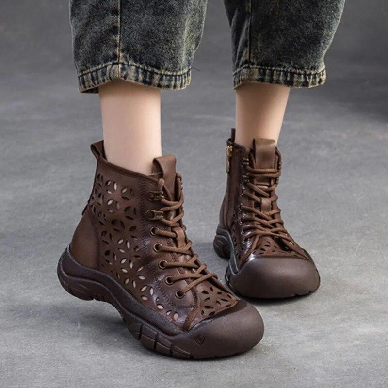 Johnature Genuine Leather Women Shoes Soft Sole Hollow-out Summer Boots Vintage Versatile Breathable Sandals