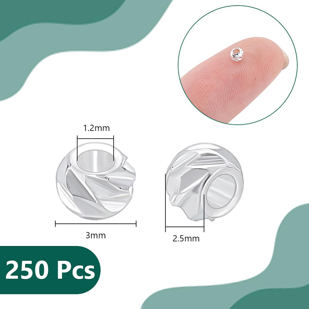 250Pcs Corrugated Brass Beads, Long-Lasting Plated, Spiral Round, Nickel Free, 925 Sterling Silver Plated, 3x2.5mm, Hole: 1.2mm