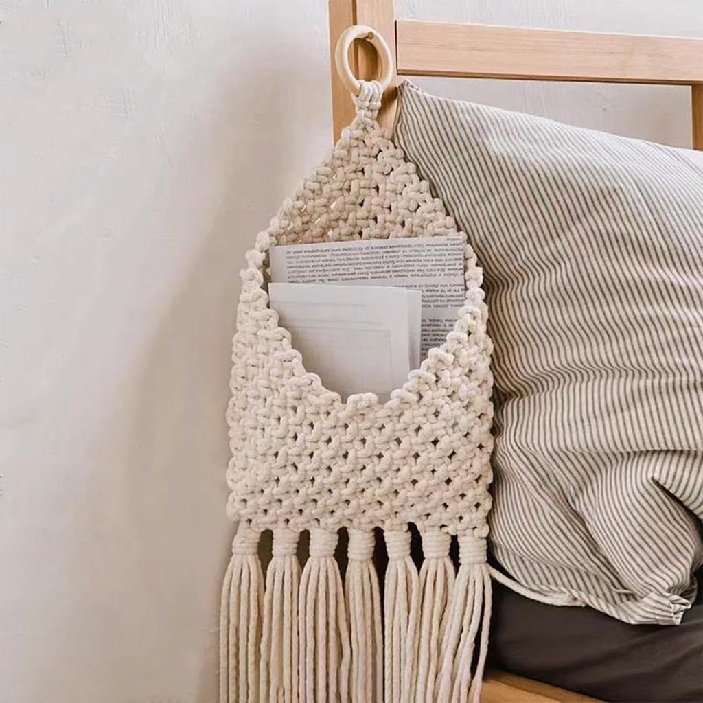 Macrame Mail Organizer Wall Mounted, Handmade Hanging Woven Basket for Boho Home Office Decor, Over the Door Key Letter Envelope File Holder for