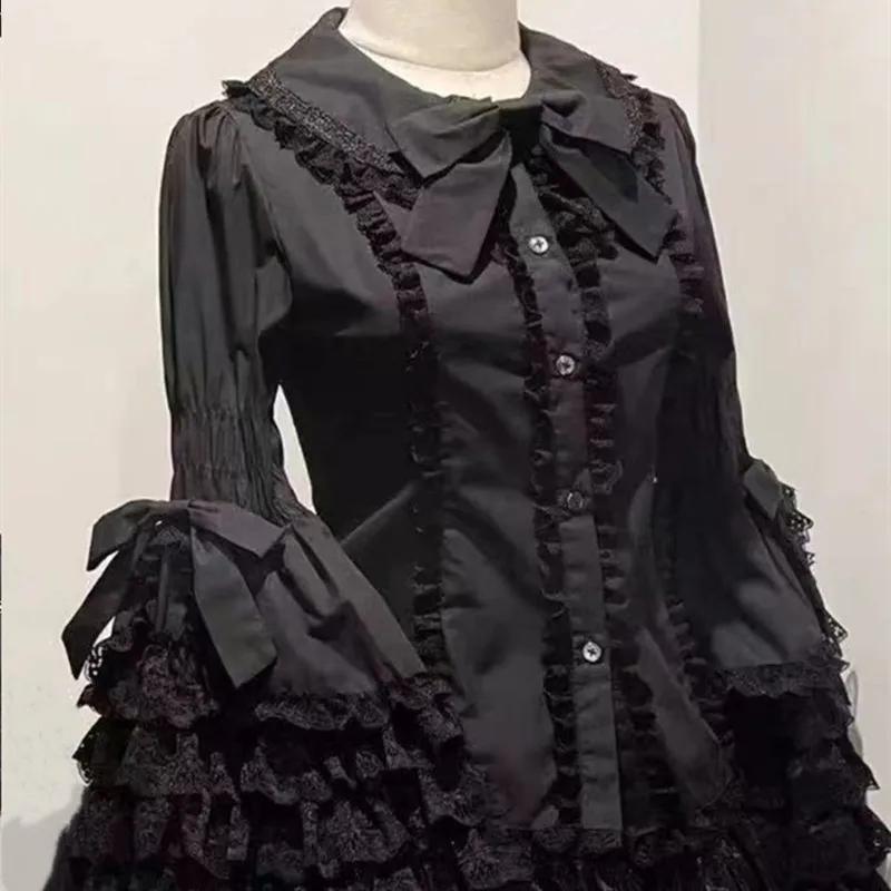 

Лолита в западном стиле, весна-осень, женская кружевная рубашка в стиле Лолита с длинными рукавами, жаккардовая рубашка в японском стиле с длинными рукавами, кружевная рубашка в стиле Лолита с длинными рукавами L чёрный
