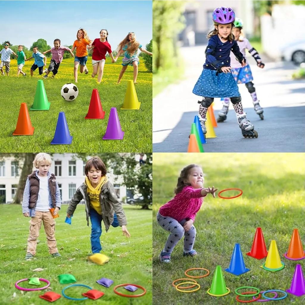 3 In 1 Soft Plastic Cones Bean Bags Ring Toss Games Carnival Games Set for Kids Birthday Party Outdoor Games 32 Pcs Combo Set