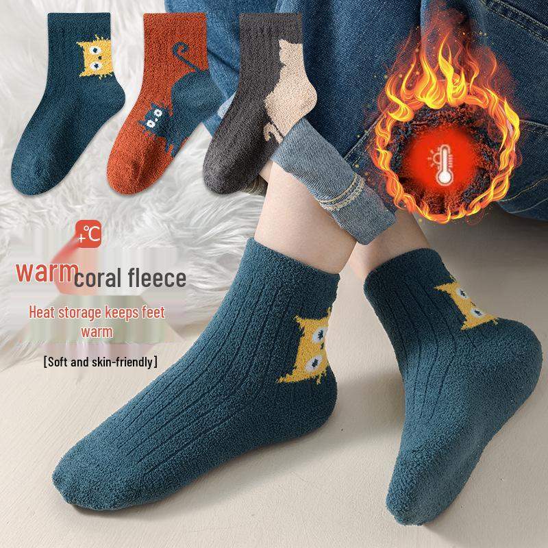 3-Pack Children's Cocoa Cat Terry Socks: Thickened, Warm Winter Mid-Calf for Boys & Girls