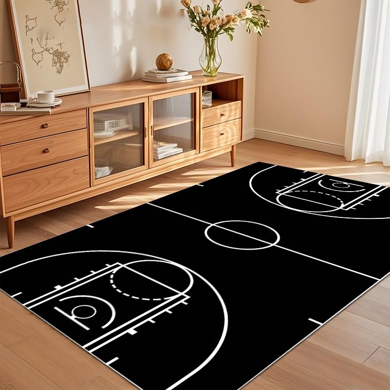 Basketball Court Area Rug Minimalist Black and White Sports Design Non Slip Washable Floor Carpet for Playroom Kids Bedroom