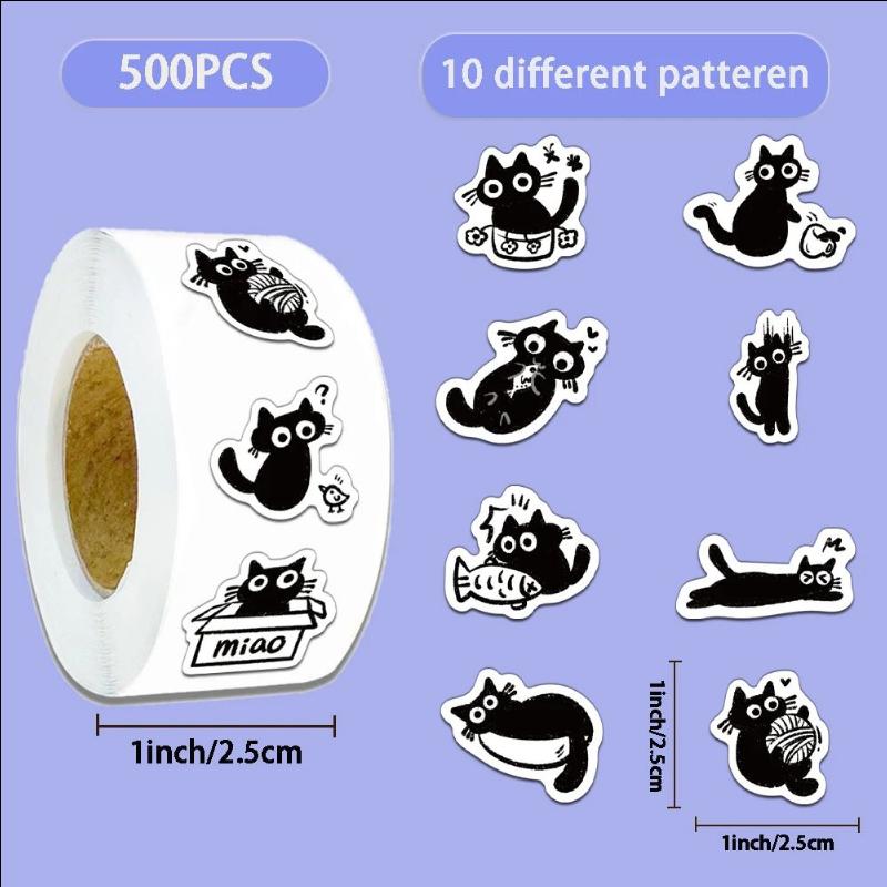 500Pcs Creative Little Black Cat Cute Cartoon Roll Stickers Decorative Water Cup Notebook Diy Stickers