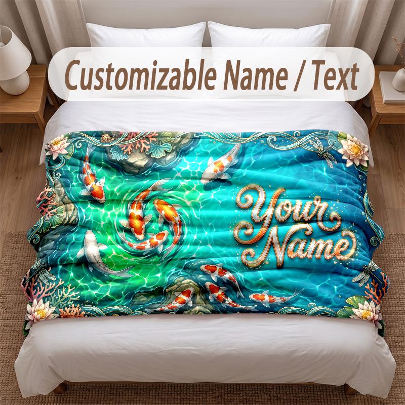 Koi Fish Theme Soft Blanket Personalized Custom Name Text Print Warm Blanket Home Sofa Bedroom Decor