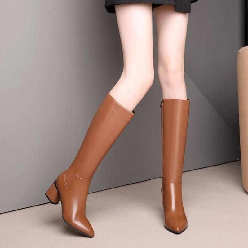 Soft Leather Shoes, High Boots, Mid-heeled, Pointed, Thick-heeled Mid-heeled Boots, Women's Shoes