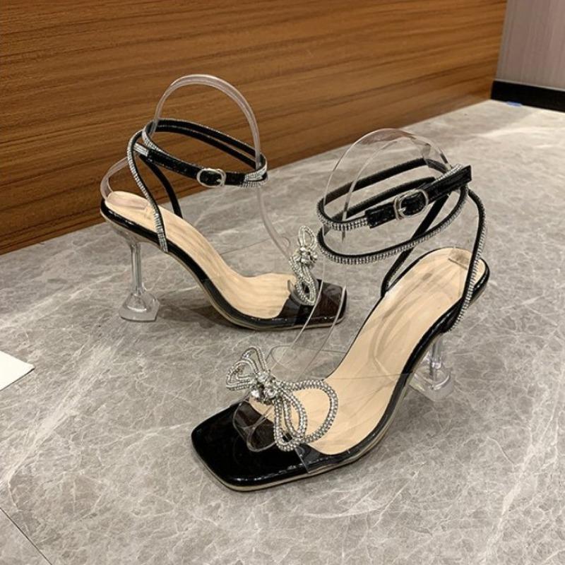 Transparent Open-toed Wine Glass and High-heeled Sandals Women's Summer Anklets with One-word Buckle and Bow Rhinestone Women's Sandals