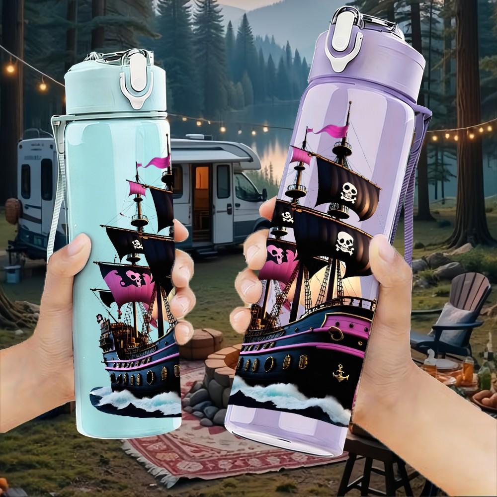 1PC Ancient Sailing Ship Pattern 750ml Color Plastic Sports Water Bottle Leakproof Flip Straw Lid Suitable for Sports Office Home Use