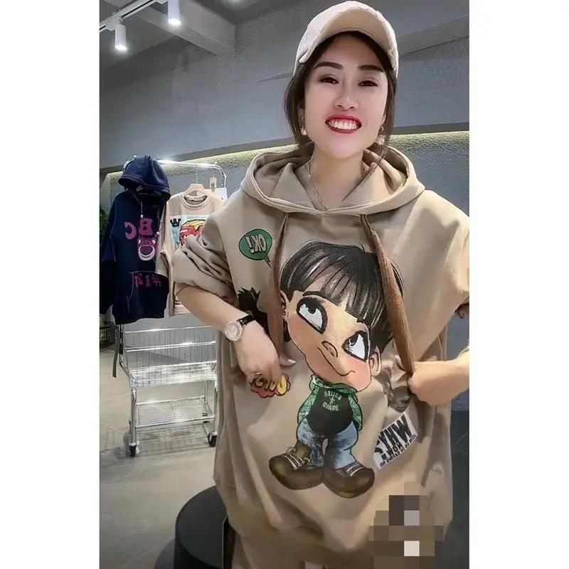 Cartoon Cute Girl Hooded Sweatshirt Female Autumn Student Loose Top Fat MM Ea Large Size 300 Pounds Medium and Long Version