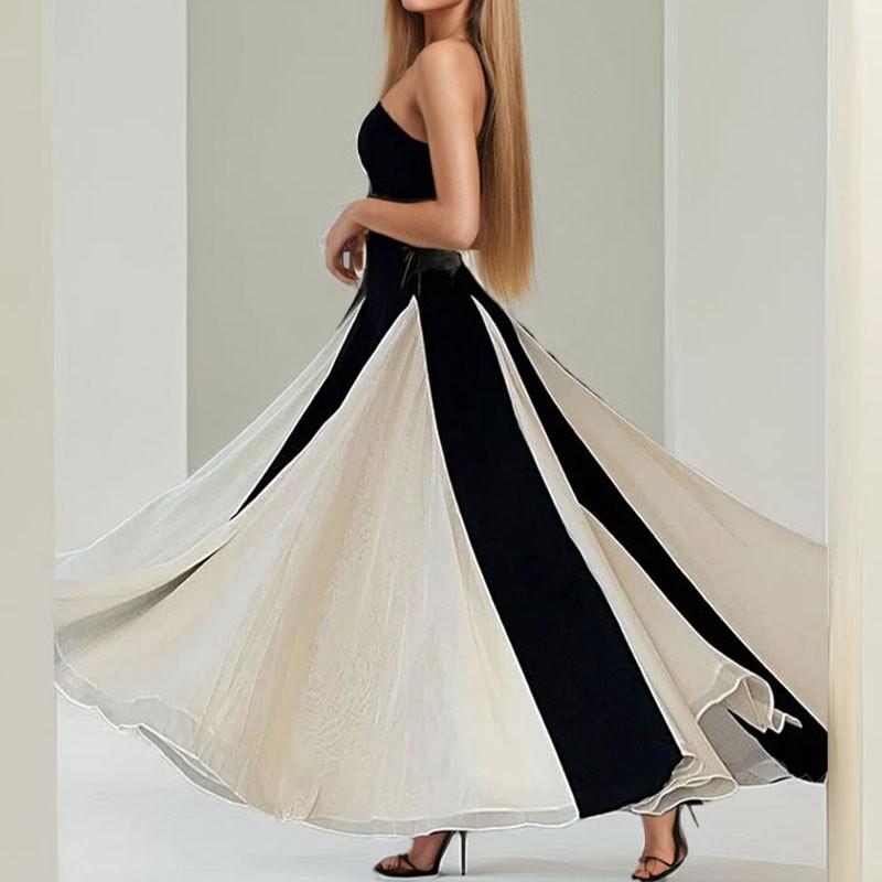 2026 Elegant Color-Block Strapless Maxi Dress High-Waisted Fit-and-Flare Womens Formal Casual