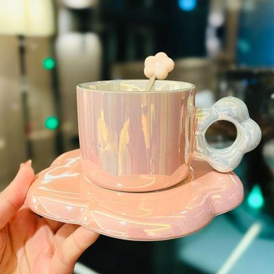 Perlmuttglasierte Blumen-Keramik-Kaffeetasse mit Löffel, weiblicher Büro-Nachmittagstee, hochwertige Wassertasse