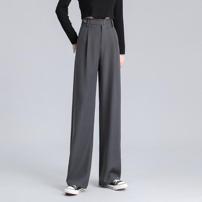 Women's Black Wide Leg Pear-Shaped Suit Trousers with Iron Ring Design - Spring & Autumn Casual Wear