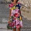 Plant Flowers Pattern Dresses Summer Women Clothing Fashion Plus Size Short Sleeve 3D Print Dress Casual Retro V-Neck Dress