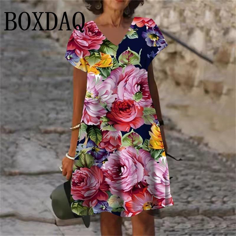 

Plant Flowers Pattern Dresses Summer Women Clothing Fashion Plus Size Short Sleeve 3D Print Dress Casual Retro V-Neck Dress 6XL