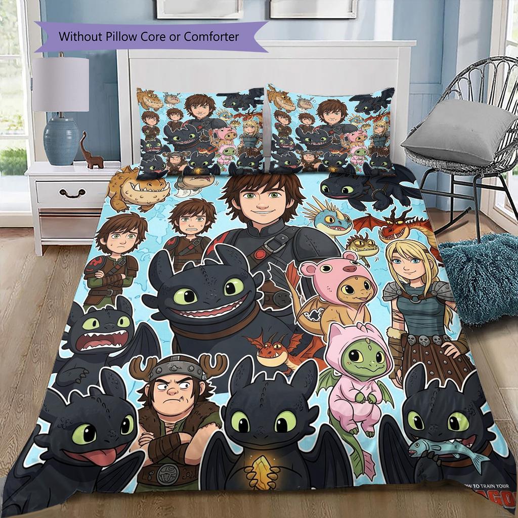 How Train Dragon Pattern Bedding Quilt Set Quilt Cover Pillowcase Home Birthday Gift(1 * duvet cover + 2 * pillowcase, without core)