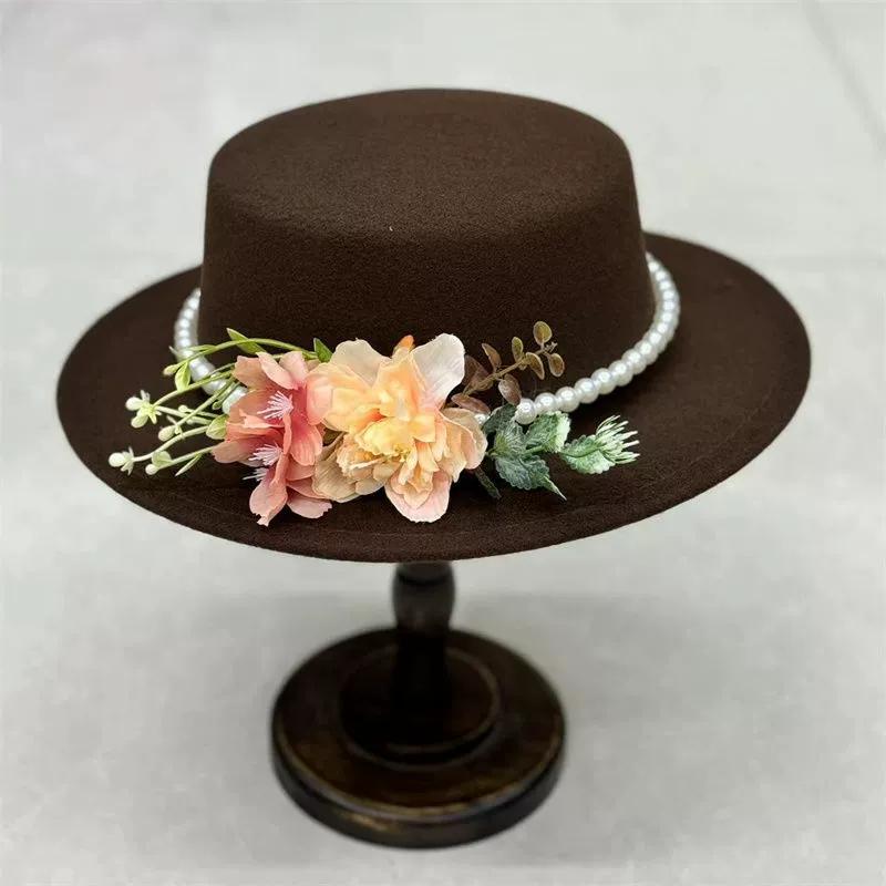 Dark Brown Faux Floral Felt Hat Wedding Hat Women'S Jazz Hat Panama French Elegant Felt Hat Somprero Mujer Chapeau Femme Luxe