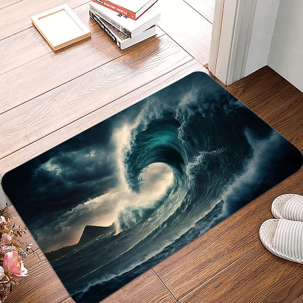 Ocean Storm Wave Rug Thickened Anti-Slip Base Entrance Hallway Anti-Slip Mat Water-Absorbent, Stain-Resistant Doormat