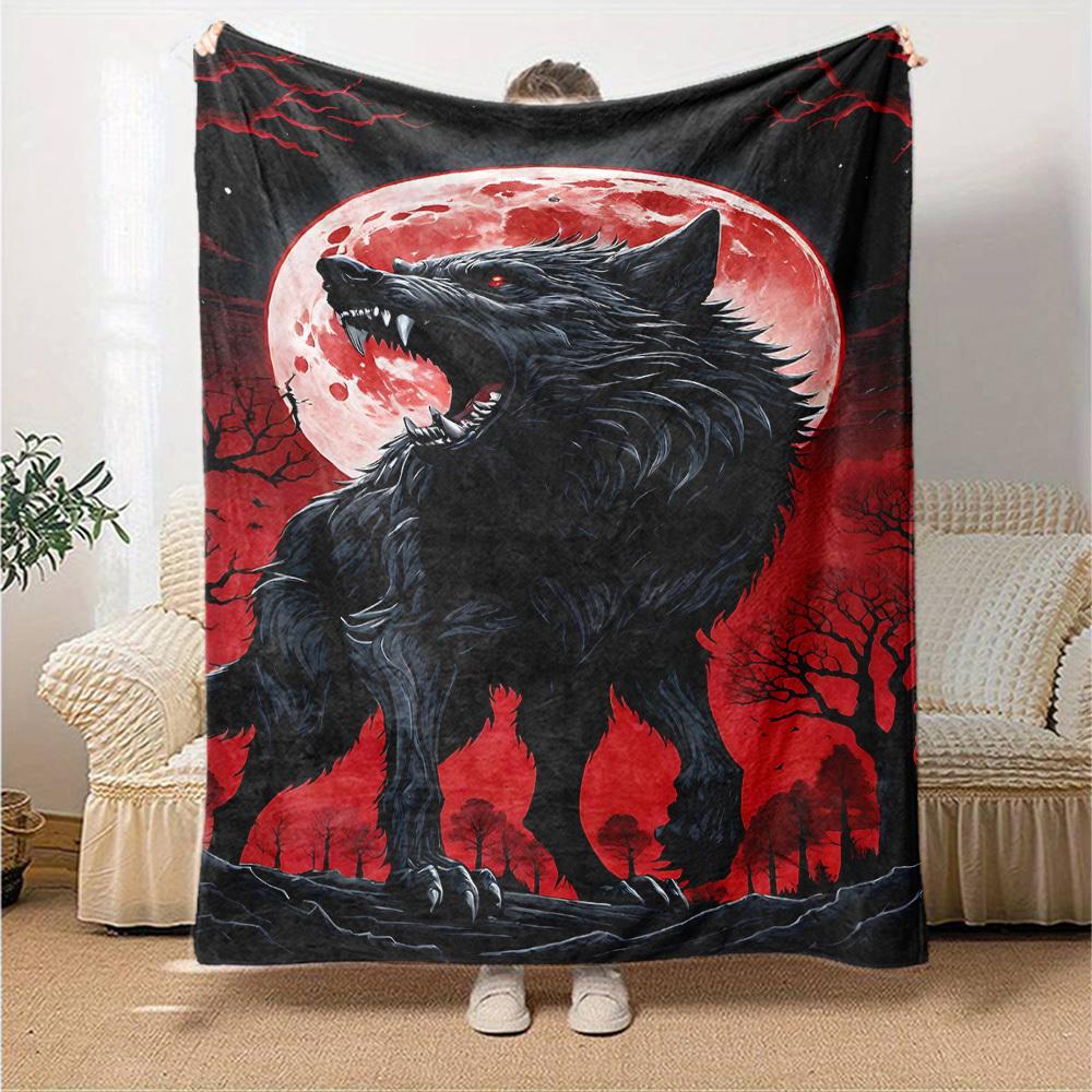 1pc Wolf Howling Moon Soft Warm Throw Blanket Nap Blanket For Couch Sofa Office Bed Camping Travel,Comfortable