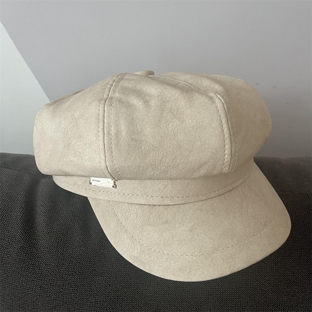 Hut Damen Herbst und Winter PU Leder Achteckhut Trendy Neu Vielseitige Malermütze Retro Mode Baskenmütze