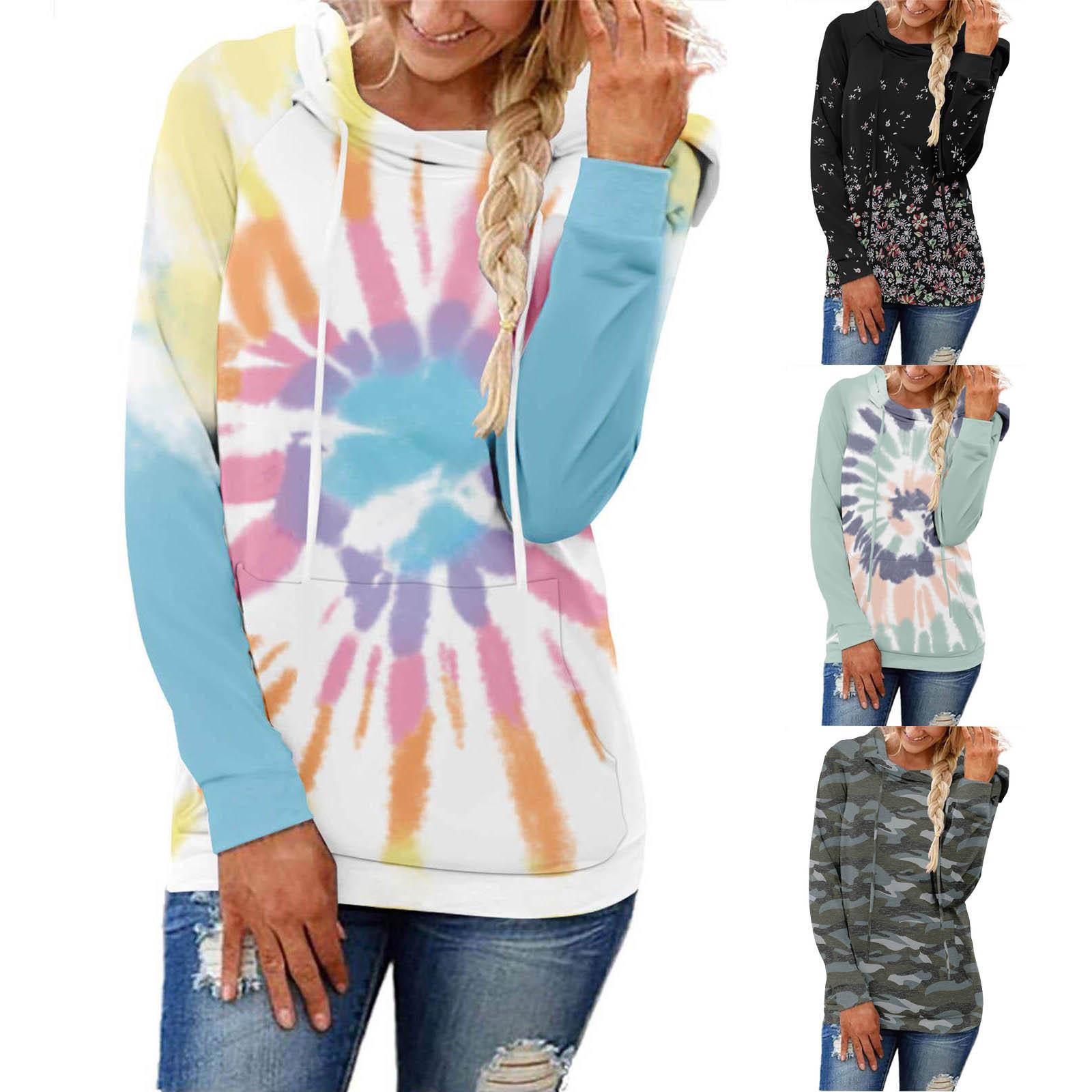 

Women Printed Pullover Long Sleeve Hooded Drawstring Pocket Sweatshirt Tops