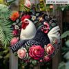 2D Flat 1pc, 8x8 In, Round Chicken Wreath Aluminum Metal Decorative Signs & Plaques - Vintage Farmhouse Wall Decor with Colorful Rooster & Floral