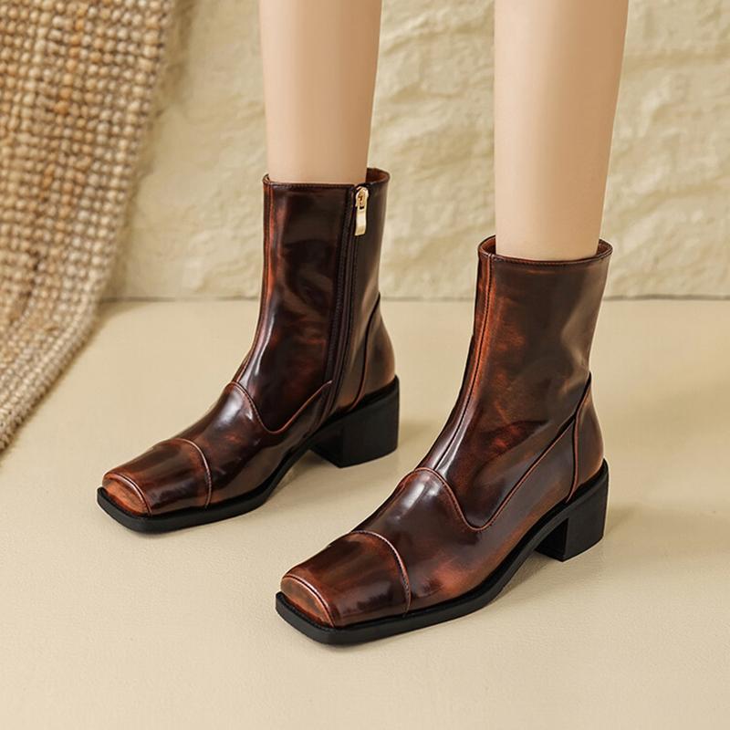 Fashion NEW Autumn/Winter Women Boots Square Toe Chunky Heel Boots Split Leather Shoes for Women Short Modern Boots Vintage Boots Women
