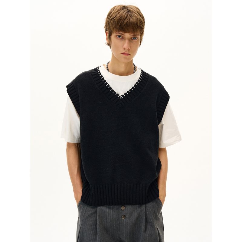 Madwitch Retro High-Sense Wool Knitted Vest for Men and Women, Versatile V-Neck Hand-Stitched Sweater for Autumn