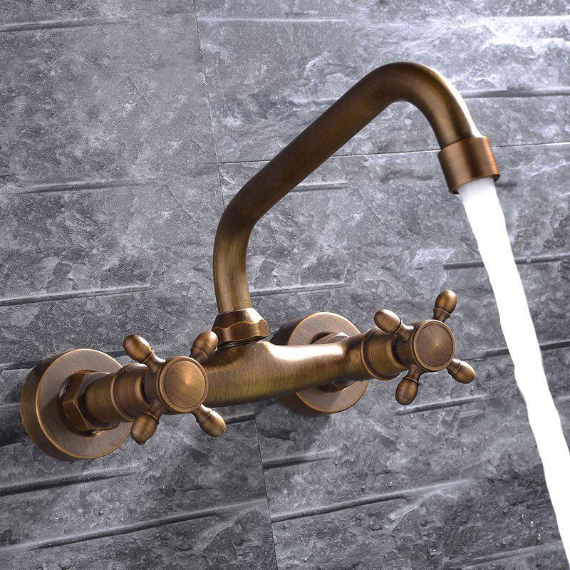 Antique Brass Wall Mounted Basin Faucets Bathroom Faucet Dual Handles Bathtub Hot Cold Water Mixer Tap