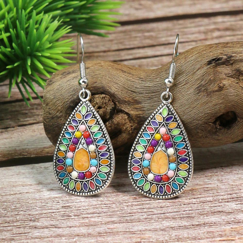 Bohemian Fashion Earrings Alloy Oil Drop Vintage Geometric Round Turquoise Inlaid Exquisite Dot Zircon Ear Zircon Wholesale