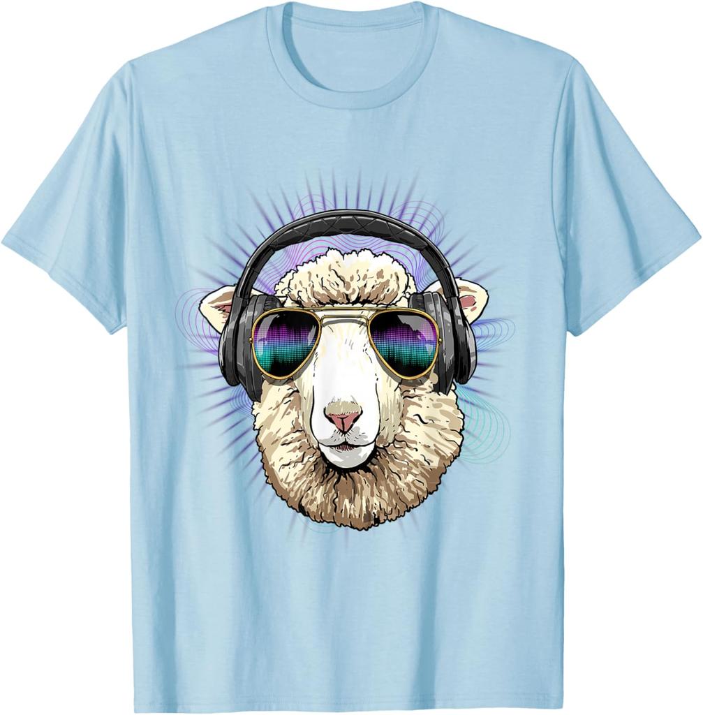 Music Sheep DJ Graphic Tee Cool Animals Headphone Rave T-Shirt Men Trip
