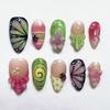 24PCS Orange 3D Carved Flowers Almond Press on Nails Green French Sweet Lemon Fake Nails Tips Wearable Full Cover Acrylic Nails