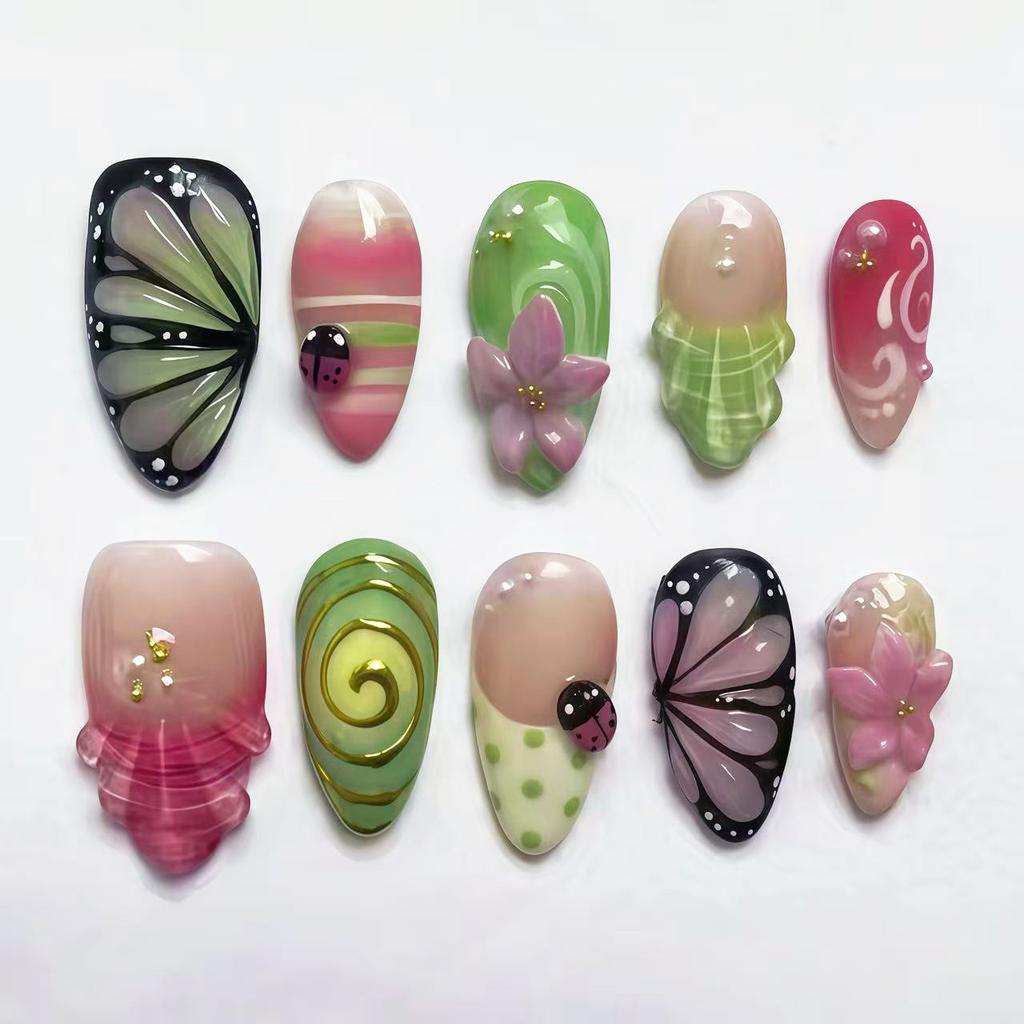 24PCS Orange 3D Carved Flowers Almond Press on Nails Green French Sweet Lemon Fake Nails Tips Wearable Full Cover Acrylic Nails