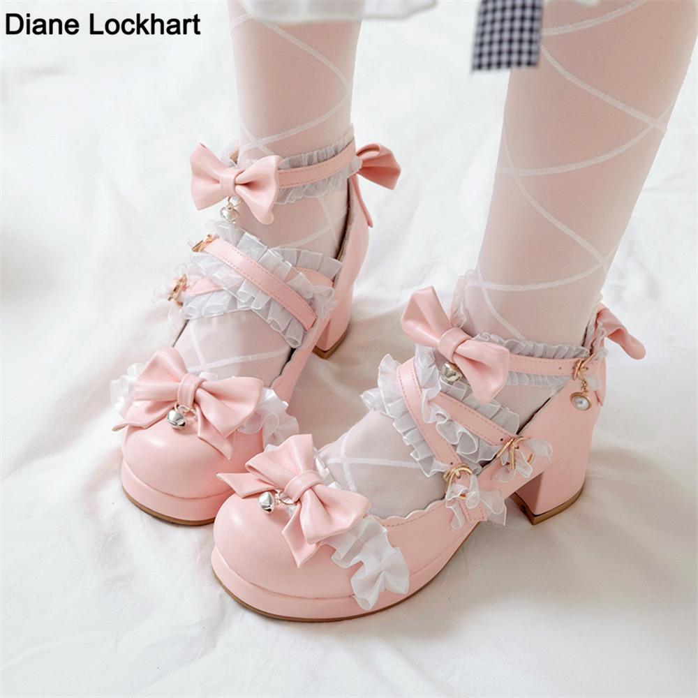 Fashion 2025 Women High Heels Cross Strap Mary Jane Pumps Party Wedding White Pink Black Ruffles Bow Princess Cosplay Lolita Shoes 31-43
