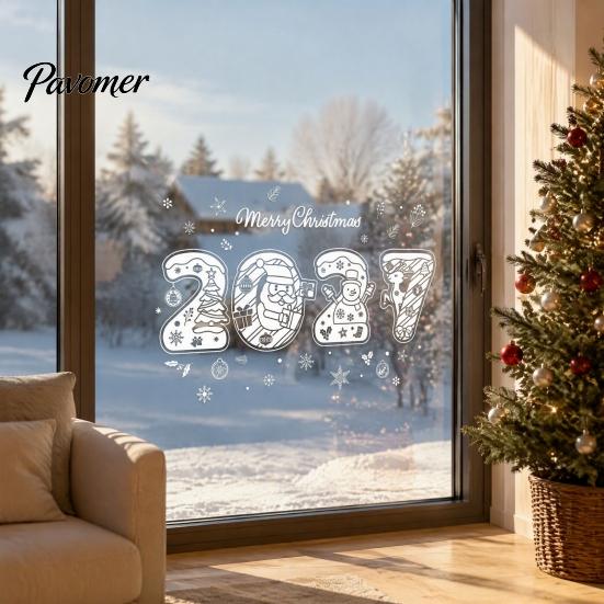 Nordic Style Winter Decor 4PCS 2027 Christmas New Year Static Window Clings, Snow Town Party Supplies Snowflake Stickers, Reusable Glass Decals